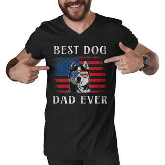 Mens Best Dog Dad Ever Husky American Flag 4Th Of July Men V-Neck Tshirt - Seseable