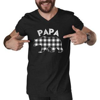 Mens Black And White Buffalo Plaid Papa Bear Christmas Pajama Men V-Neck Tshirt | Mazezy