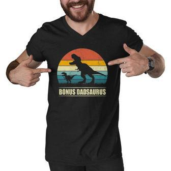 Mens Bonus Dadsaurusrex Dinosaur Bonus Dad Saurus Family Men V-Neck Tshirt | Mazezy