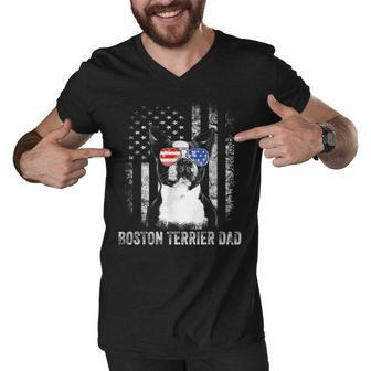 Mens Boston Terrier Dad American Flag 4Th Of July Dog Fathers Day Men V-Neck Tshirt - Seseable
