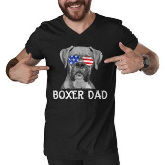 Mens Boxer Dad American Flag Patriotic Dog Lover 4Th Of July Men V-Neck Tshirt - Seseable