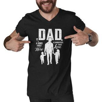 Mens Dad Sons First Hero Daughters Love For Fathers Day Men V-Neck Tshirt | Mazezy