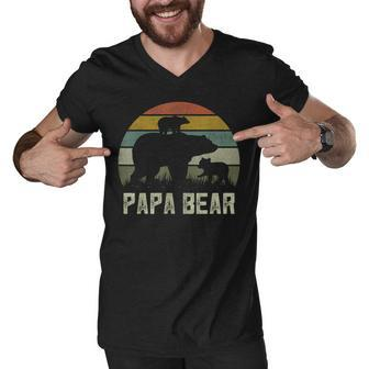 Mens Funny Papa Bear Cub 2 Kids Fathers Day Grandpa Men V-Neck Tshirt - Seseable