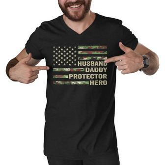 Mens Husband Daddy Protector Hero Fathers Day Flag Gift Men V-Neck Tshirt | Mazezy