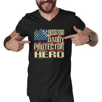 Mens Husband Daddy Protector Hero Fathers Day Gift Men V-Neck Tshirt | Mazezy