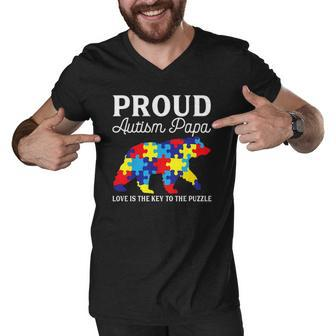 Mens Mens Bear Proud Autism Papa Autism Awareness Month Men V-Neck Tshirt | Mazezy