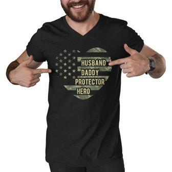 Mens Mens Husband Daddy Protector Heart Camoflage Fathers Day Men V-Neck Tshirt | Mazezy
