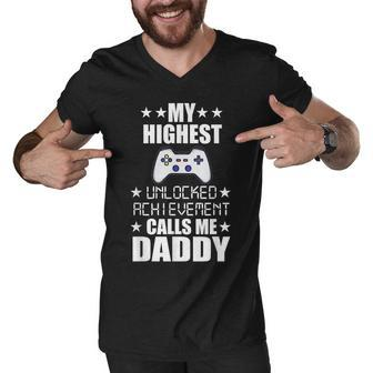 Mens My Highest Unlocked Achievement Calls Me Daddy Gamer Dad V2 Men V-Neck Tshirt - Seseable