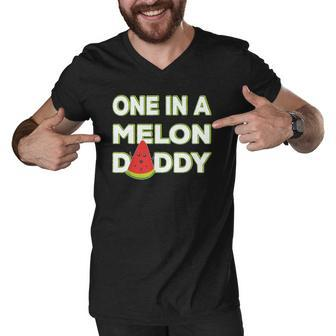 Mens One In A Melon Daddy Funny Watermelon Dad Fathers Day Gift Men V-Neck Tshirt | Mazezy