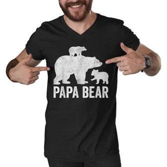 Mens Papa Bear Fathers Day Grandad Fun 2 Cub Kid Grandpa Men V-Neck Tshirt - Seseable