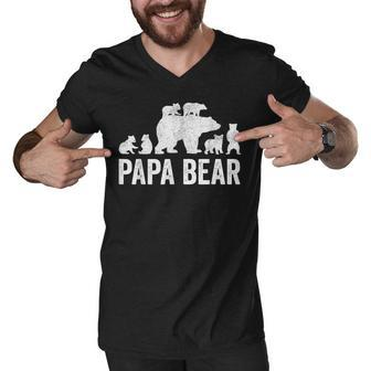 Mens Papa Bear Fathers Day Grandad Fun 6 Cub Kid Grandpa Men V-Neck Tshirt - Seseable