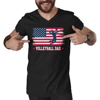 Mens Proud Volleyball Dad American Flag 4Th Of July Freedom Men V-Neck Tshirt - Seseable