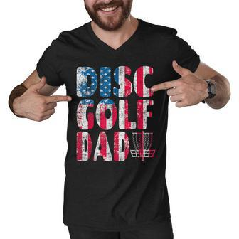 Mens Retro Disc Golf Dad American Flag 4Th Of July Fathers Day Men V-Neck Tshirt - Seseable