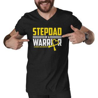 Mens Stepdad Childhood Cancer Awareness Survivor Ribbon Warrior Men V-Neck Tshirt | Mazezy