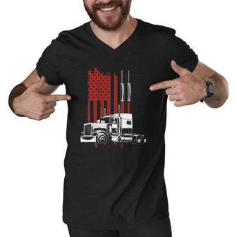 Mens Trucker American Flag Patriotic Truck Driver 4Th Of July Men V-Neck Tshirt | Mazezy