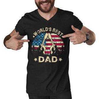 Mens Worlds Best Guitar Dad T 4Th Of July American Flag Men V-Neck Tshirt - Seseable