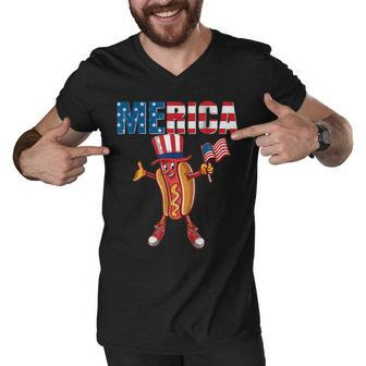 Merica Hot Dog 4Th Of July Dad Gift American Flag And Hotdog Men V-Neck Tshirt - Seseable