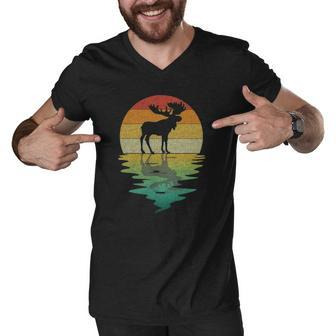 Moose Silhouette Sunset Retro Vintage 70S Nature Lover Men V-Neck Tshirt | Mazezy