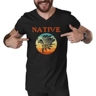 Native Retro Vintage Native American Day Support Graphic Men V-Neck Tshirt | Mazezy