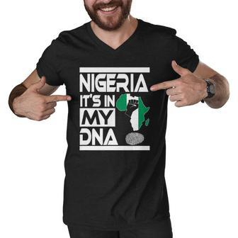 Nigeria Is In My Dna Nigerian Flag Africa Map Raised Fist Men V-Neck Tshirt | Mazezy
