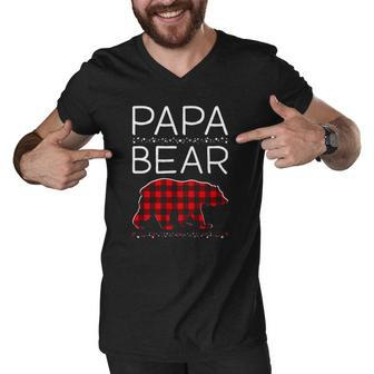 Papa Bear Christmas Pajamas Matching Family Plaid Men Men V-Neck Tshirt | Mazezy