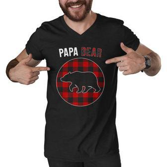Papa Bear Red Plaid Matching Family Christmas Pajamas Men V-Neck Tshirt | Mazezy