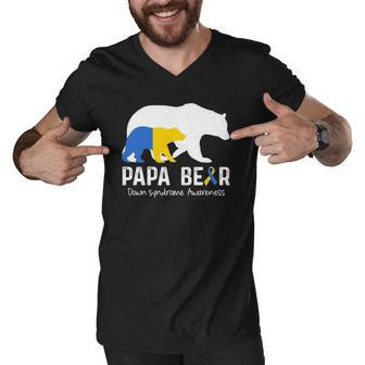 Papa Bear Support Down Syndrome Awareness Fathers Day Men V-Neck Tshirt | Mazezy