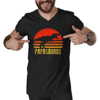 Papasaurus Retro Vintage Sunset Dinosaur Gift Men V-Neck Tshirt | Mazezy