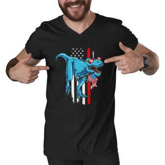 Patriotic 4Th Of July Kids Boys Dinosaurrex American Flag Men V-Neck Tshirt | Mazezy