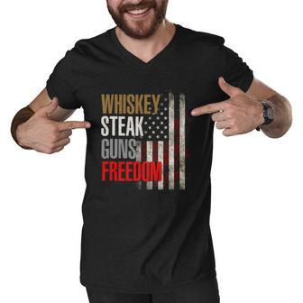 Patriotic American Flag Whiskey Steak Guns And Freedom Men V-Neck Tshirt | Mazezy