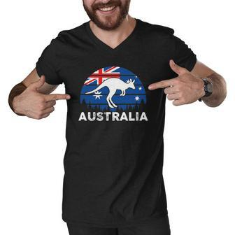 Patriotic Australian Hopping Kangaroo Australia Flag Men V-Neck Tshirt | Mazezy