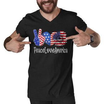 Peace Love America 4Th July Patriotic Sunflower Heart Sign V4 Men V-Neck Tshirt - Seseable