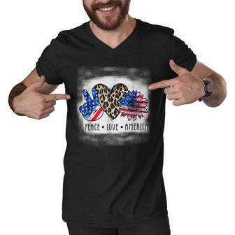 Peace Love America Bleached With Leopard Sunflower Us Flag V2 Men V-Neck Tshirt - Seseable