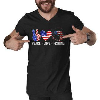 Peace Love Fishing America 4Th July Patriotic Heart Sign Men V-Neck Tshirt - Seseable