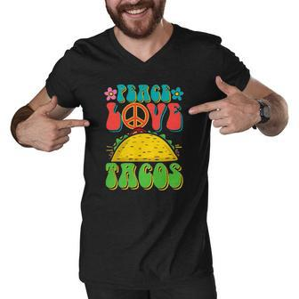 Peace Love Tacos Groovy Gift For Retro Hippie Men V-Neck Tshirt | Mazezy