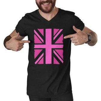 Pink Union Jack Queens Platinum Jubilee Uk British Flag Men V-Neck Tshirt | Mazezy
