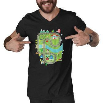 Play Toy Train On Dads Back Play Mat Train Track Gift For Dad Men V-Neck Tshirt | Mazezy