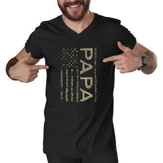 Proud Papa Fathers Day Camouflage American Flag 4Th Of July Men V-Neck Tshirt | Mazezy