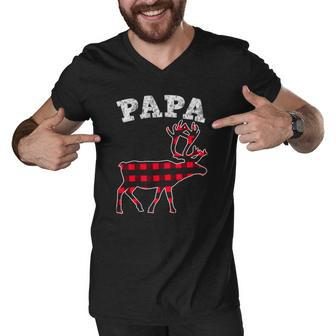 Red Plaid Papa Reindeer Top Matching Family Christmas Pj Men V-Neck Tshirt | Mazezy