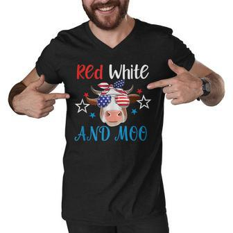 Red White And Moo Patriotic Cow Usa Flag 4Th Of July Farmer Men V-Neck Tshirt - Seseable