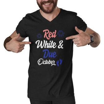 Red White Due October 4Th Of July Pregnancy Announcement Men V-Neck Tshirt | Mazezy