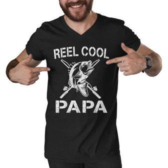 Reel Cool Papa Fishing Dad Gifts Fathers Day Fisherman Fish Men V-Neck Tshirt - Seseable