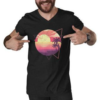 Retro 80S Vaporwave Aesthetic Tropical Sunset 90S Vaporwave Men V-Neck Tshirt | Mazezy