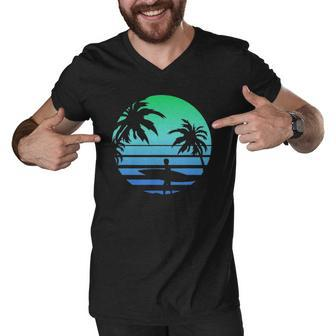 Retro Water Sport Surfboard Palm Tree Sea Tropical Surfing Men V-Neck Tshirt | Mazezy