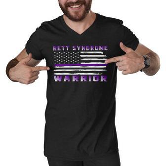 Rett Syndrome Warrior Usa Flag United States Flag Purple Ribbon Rett Syndrome Rett Syndrome Awareness Men V-Neck Tshirt | Favorety UK