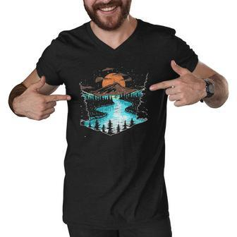 River Full Moon Mountain Outdoor Nature Tree Wildlife Forest Men V-Neck Tshirt | Mazezy