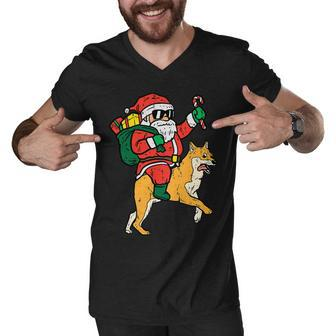 Santa Riding Shiba Inu Doge Akita Christmas Pjs Xmas Pajamas T-Shirt Men V-Neck Tshirt - Seseable