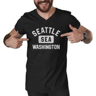 Seattle Washington Sea Gym Style Distressed White Print Men V-Neck Tshirt | Mazezy