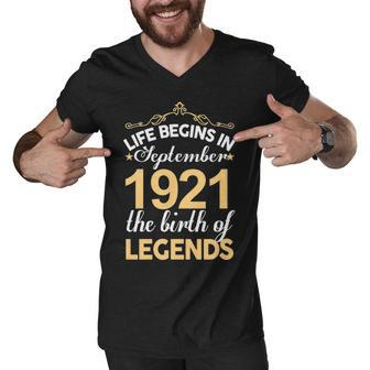 September 1921 Birthday Life Begins In September 1921 V2 Men V-Neck Tshirt - Seseable