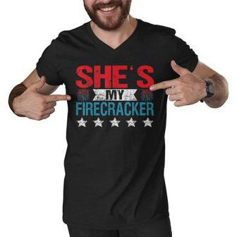 Shes My Firecracker His And Hers 4Th July Matching Couples Men V-Neck Tshirt - Seseable